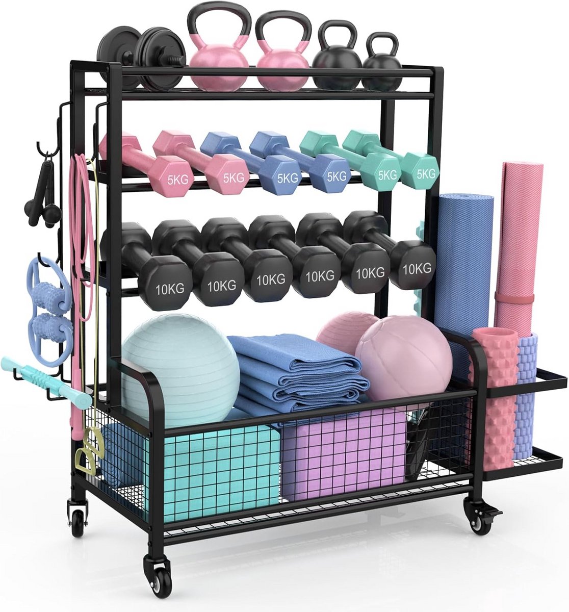 Robuuste 4-Laags Fitness Opbergrek met Verrijdbare Wielen