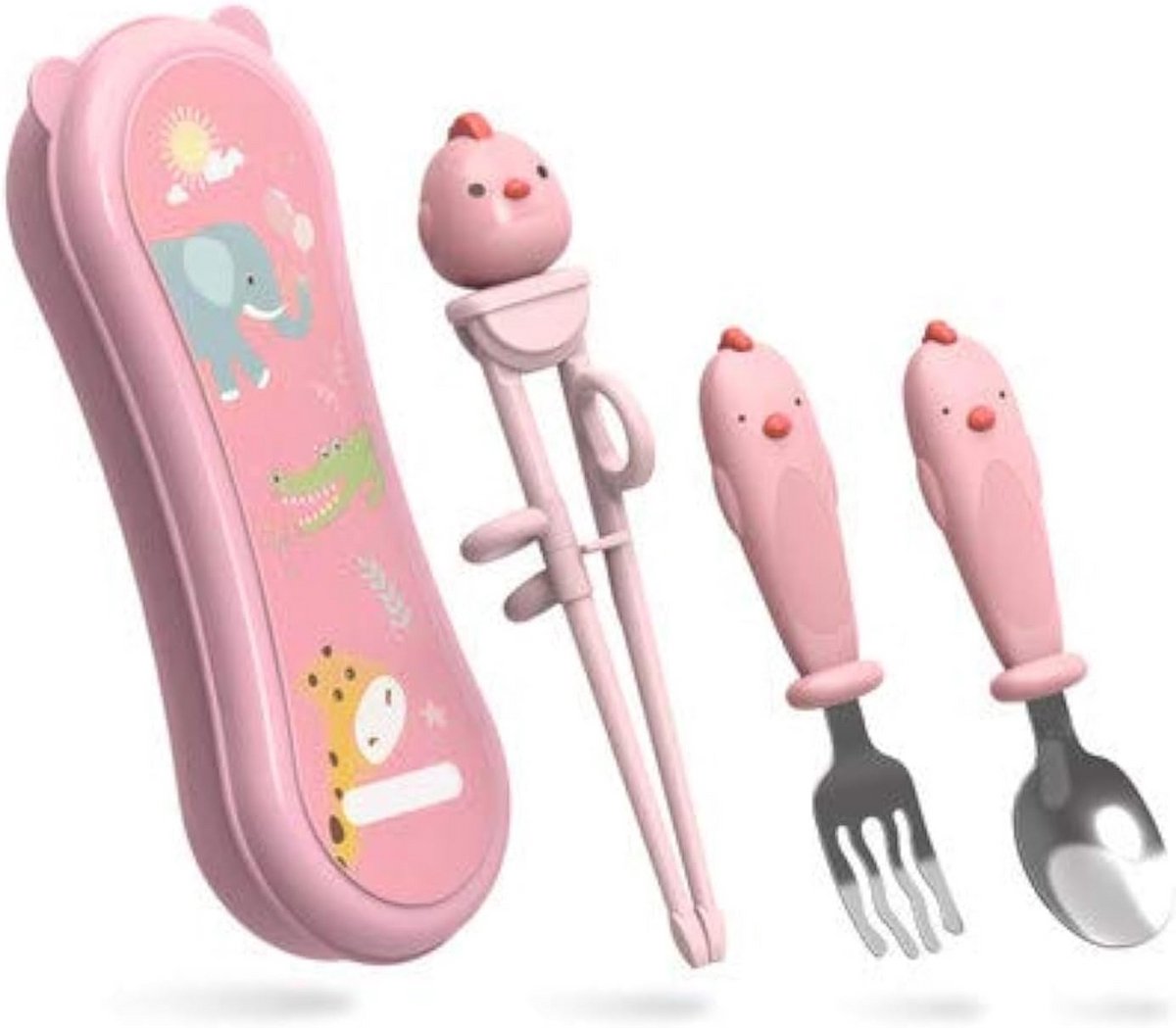 Eetstokjes Set voor Kinderen en Beginners - Inclusief Leerhulp, Lepel, Vork en Koffer - Roestvrij Staal
