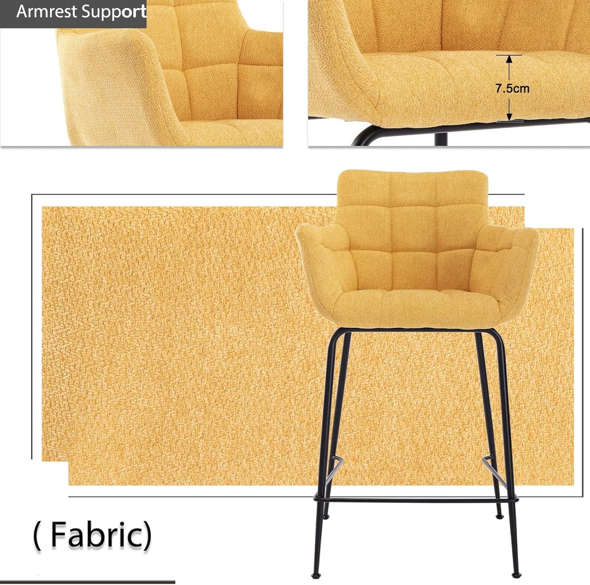 Barkrukken Set van 4 – House&Garden Solara Luxe Barstoelen met Rugleuning en Armleuningen – Geel – Met Voetensteun – Moderne Hoge Keukenkrukken voor Keukeneiland, Ontbijtbar en Huisbar – 93,5 cm