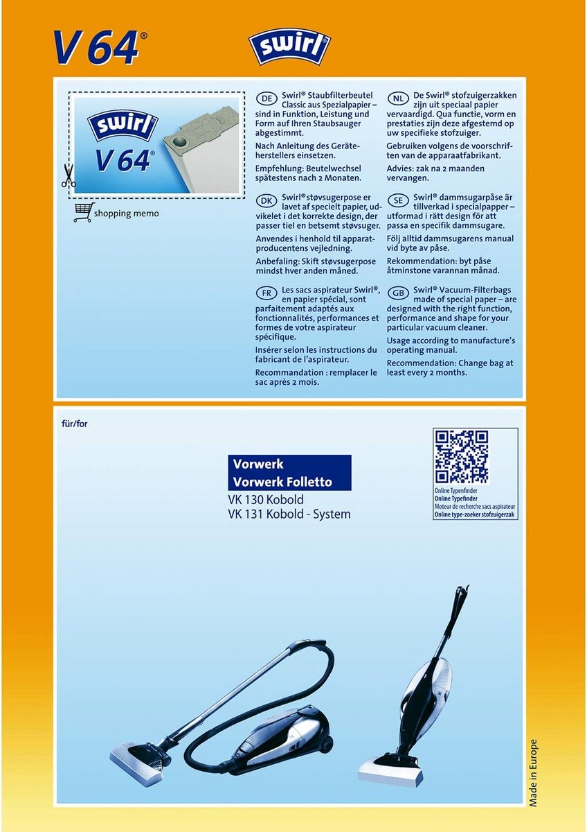 Stofzuigerzakken V 64 voor Vorwerk en Volletto, 4 stuks