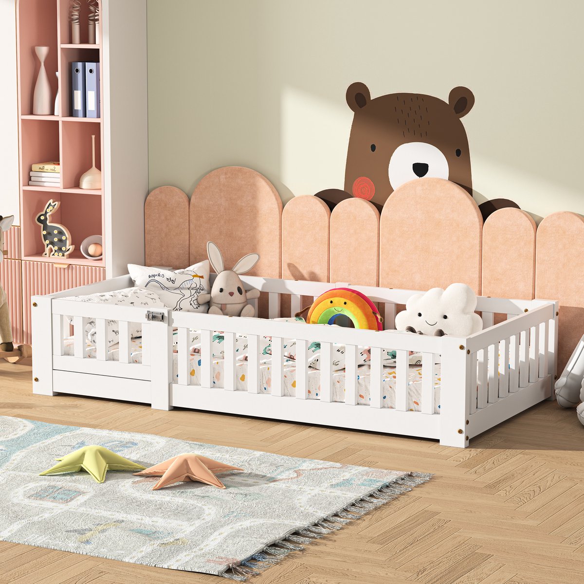 ROSAHQNDA Montessori kinderbed 80 x 160 cm met deur, valbeveiliging en lattenbodem, gemaakt van massief grenenhout, exclusief matras Wit