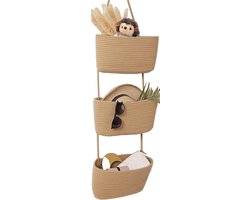 Wasmand - Wassorteerder - Wandslinger Mand - Kaki Kleur Geweven Opslagzak - Decoratieve Drie-Laagse Hangende Mand – Perfect voor Babykamer - Grote 3-Luik
