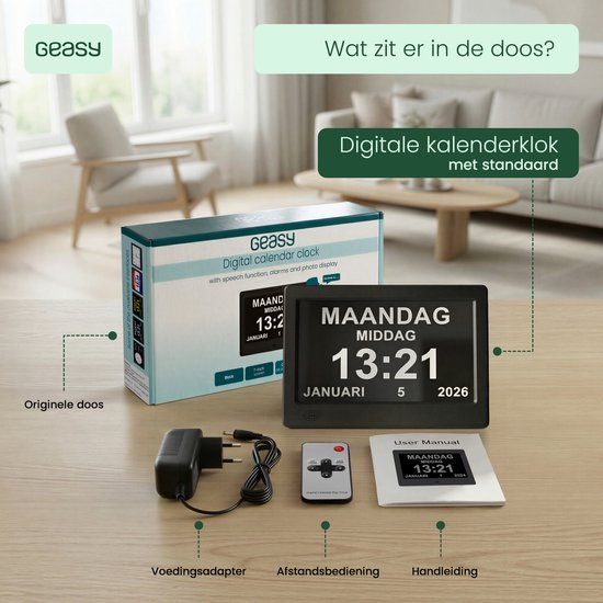 Digitale kalenderklok met standaard, voedingsadapter, afstandsbediening en handleiding.