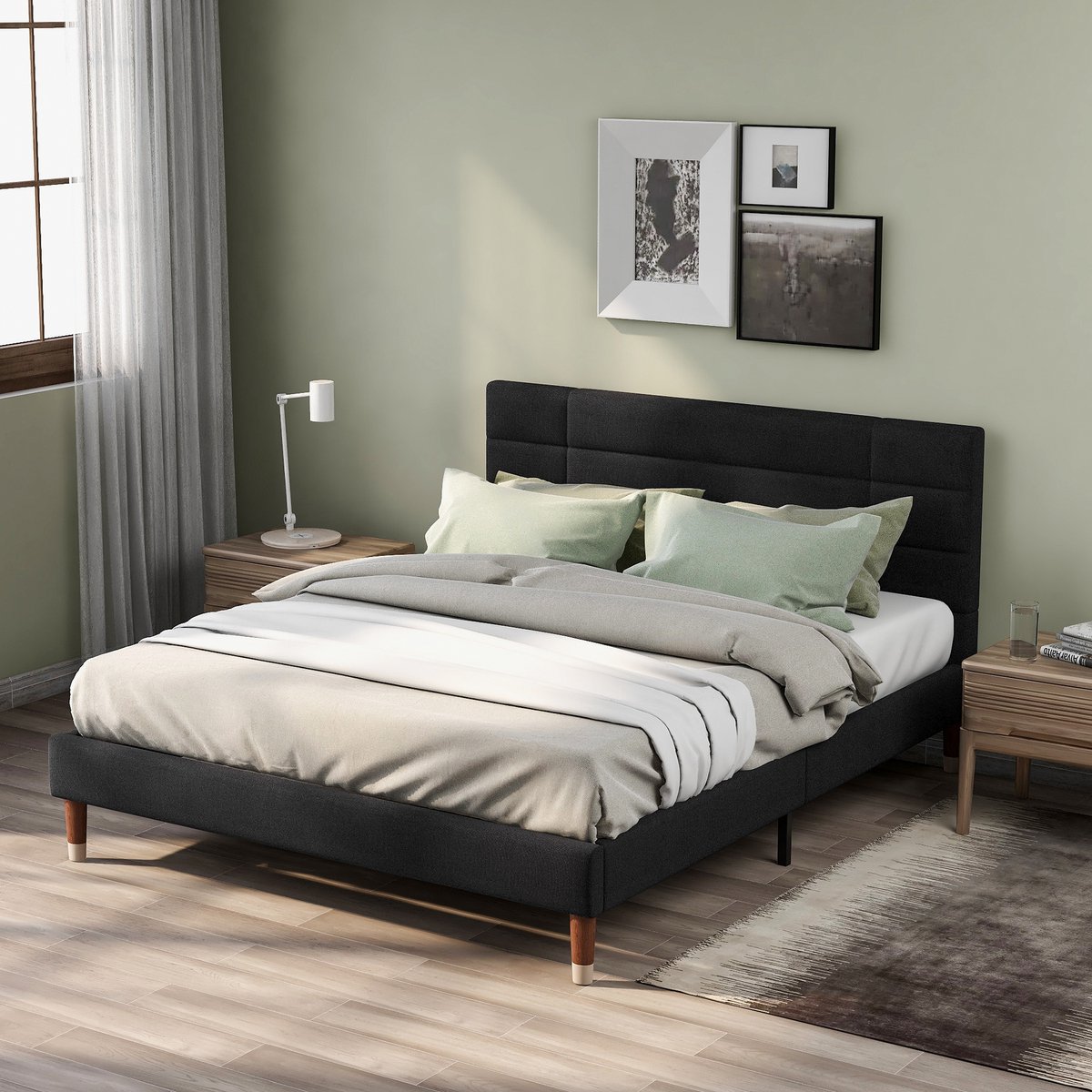 Tweepersoonsbed met gestoffeerd frame en gestreept hoofdeinde – 140 x 200 cm – gestoffeerd frame met hoofdeinde – zwart linnen – geschikt voor volwassenen en tieners (met boxspring)