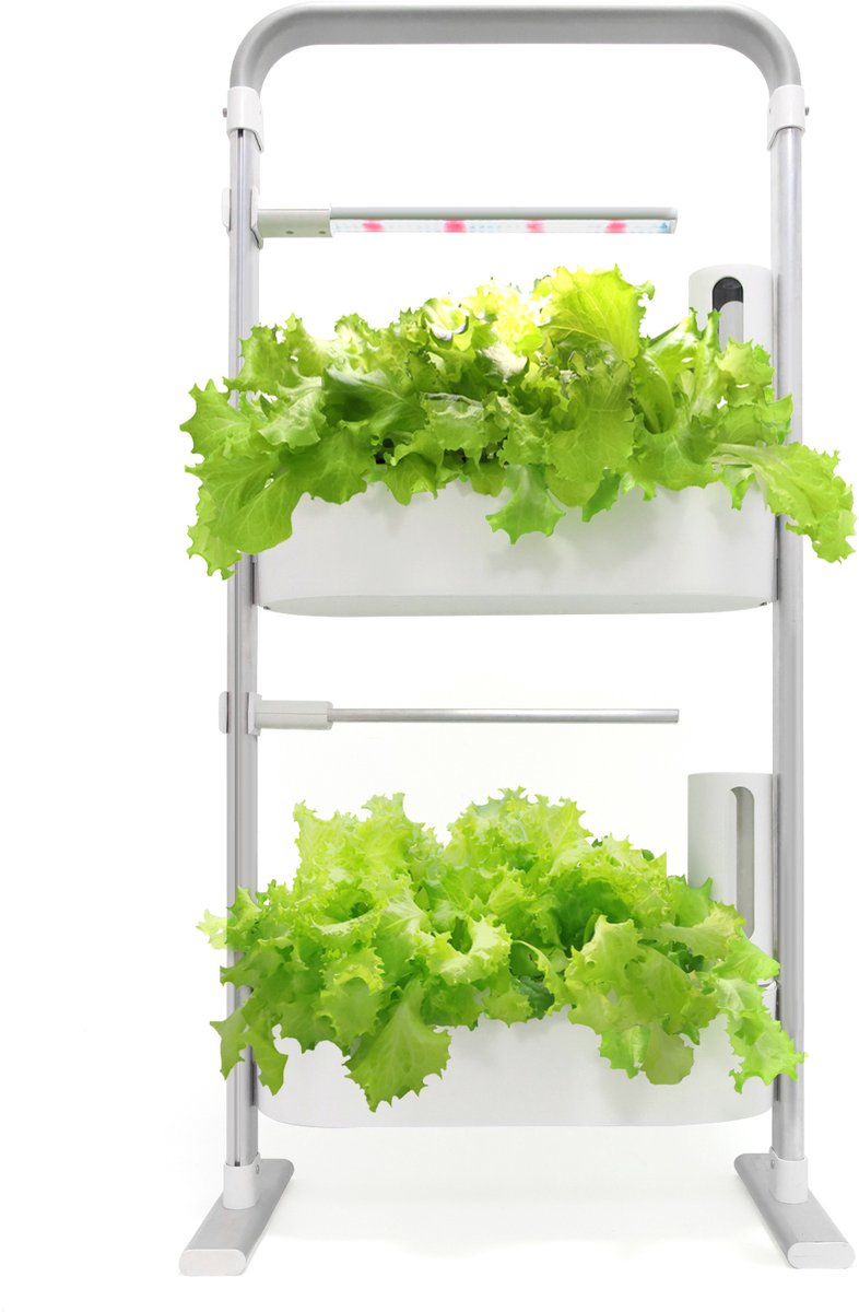 Smart Hydrocultuur Kweeksysteem - 2 Lagen – Kweekset met LED-Groeilicht en Timer – Kruiden, Sla en Microgroenten – Wit