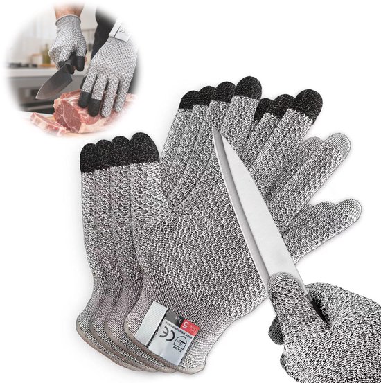 Meerdere grijze, snijbestendige handschoenen met zwarte vingertoppen, waarvan één een mes vasthoudt. Inzet toont iemand die vlees snijdt.