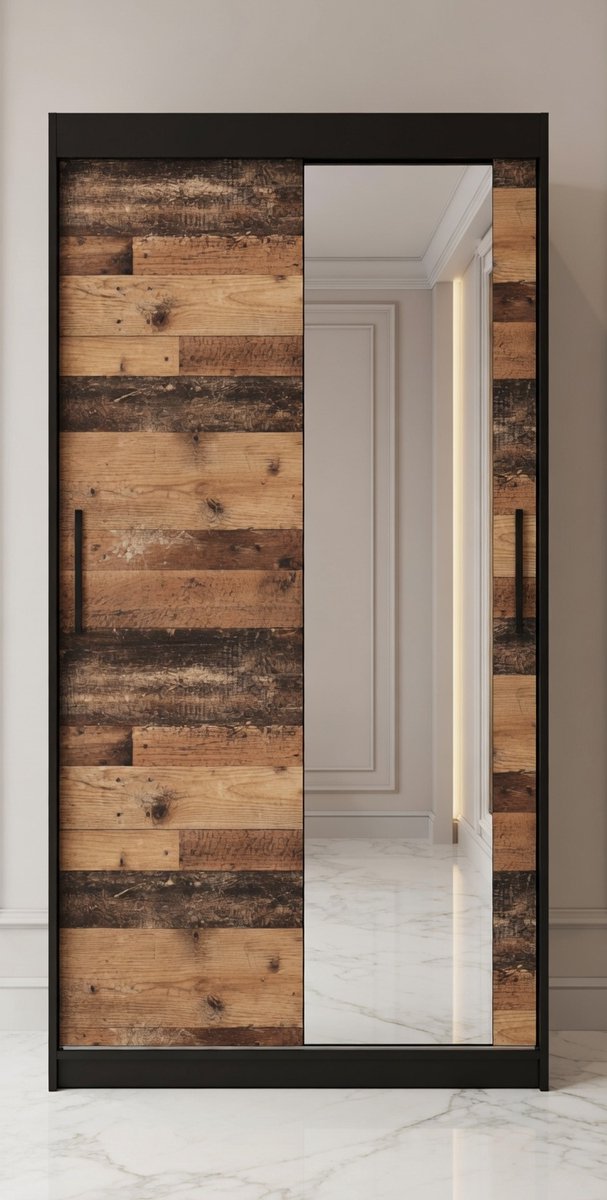 Old Style Luxe Schuifdeurkast 100 cm met Spiegel – Mat Zwart Industrieel Design – 2 Schuifdeuren – 200 cm Hoog – Moderne Kledingkast voor Slaapkamer & Woonkamer – House&Garden