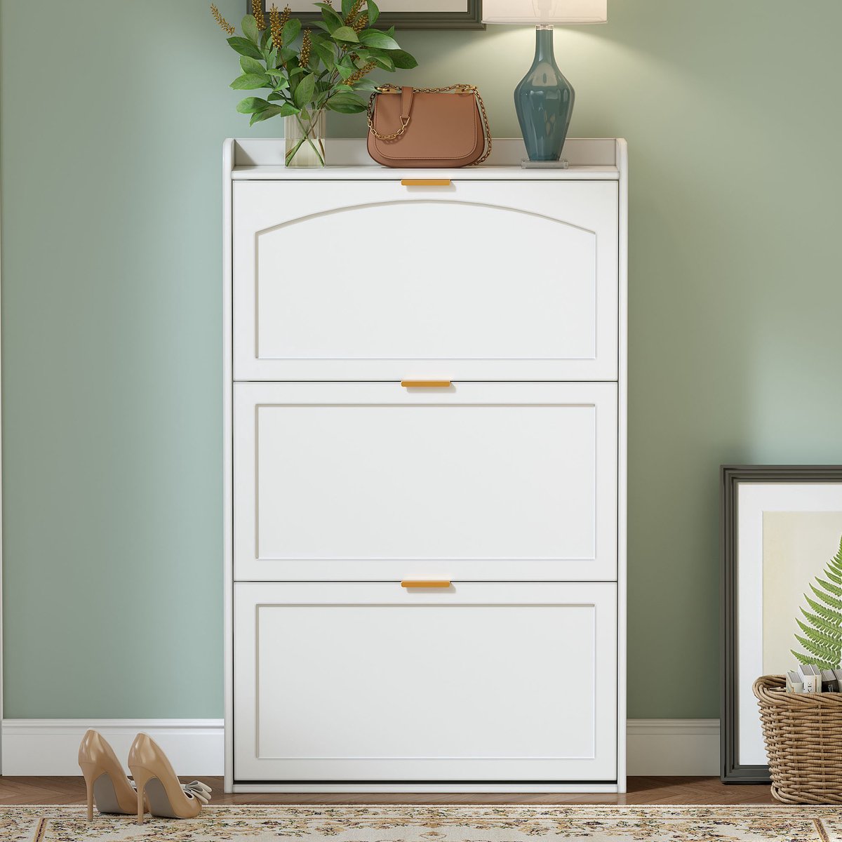 Wishdor - Schoenenkast - 3 Kleppen - Modern - Voor Hal - Spaanplaat - Wit - 76 X 23 X 118 Cm