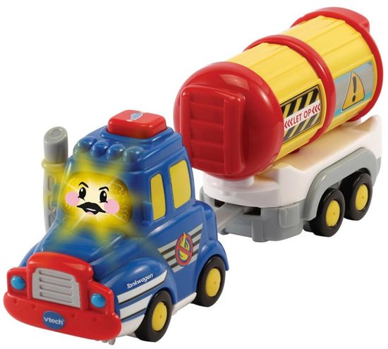 Blauwe VTech speelgoed tankwagen Thomas met gele tank en rode doppen. De tankwagen heeft een gezichtje dat oplicht en lichtjes.