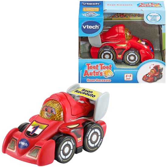 Rode raceauto speelgoed met nummer 1 op de voorkant. Bevat de tekst "Roan Raceauto" op de spoiler.