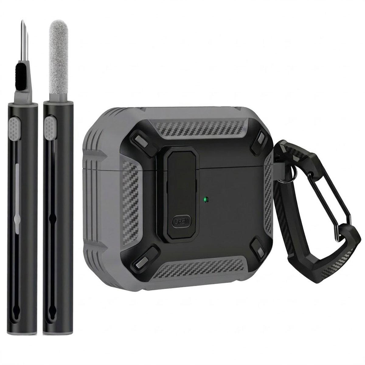 Grijs robuust hoesje voor oordopjes met carbon look geschikt voor AirPods Pro 3 inclusief schoonmaakset en karabijnhaak – schokbestendig en duurzaam