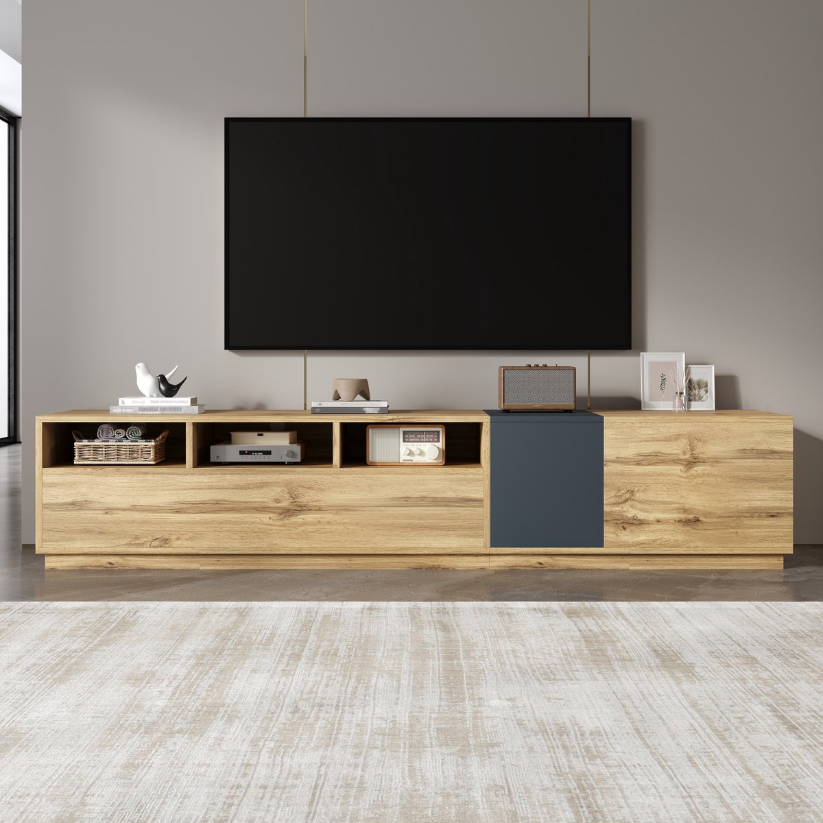 Wishdor TV-Meubel - Open En Gesloten Opbergruimte - Moderne Stijl - Woonkamer - Spaanplaat - Zwart-Grijs En Naturel - 200 X 45 X 45 Cm Zwart + Grijs, Natuurlijk