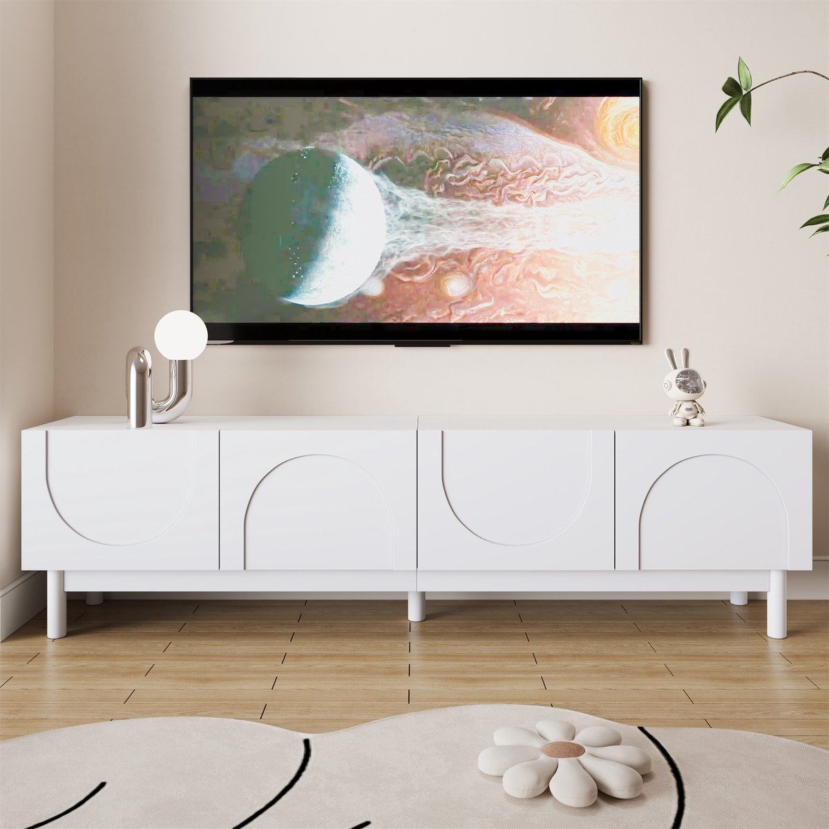 Wishdor Tv-Meubel Met Vier Deuren En Opbergvakken - Modern - Voor De Woonkamer - MDF En Spaanplaat - Wit - 169 X 34 X 45,5 Cm