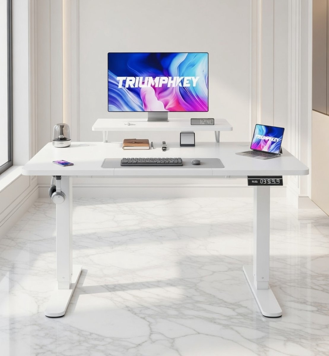 Elektrisch In Hoogte Verstelbaar Sta-Zit Bureau met Monitorstandaard – Ergonomisch Staand Bureau voor Thuiswerk, Kantoor en Gaming – 120 x 60 cm – Modern Wit – Elektrisch Bureau met 2 Geheugeninstellingen, Stabiel Stalen Frame House&Garden
