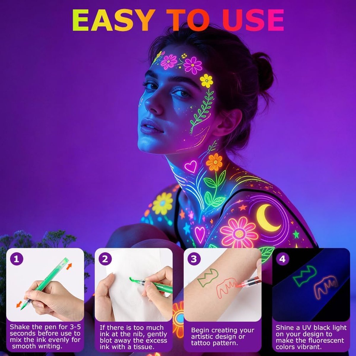 UV Schminkstiften Set - 18 Kleuren - Neon Face & Body Paint Markers - Blacklight Reactief - Waterbasis & Afwasbaar - Festival & Carnaval — afbeelding 5