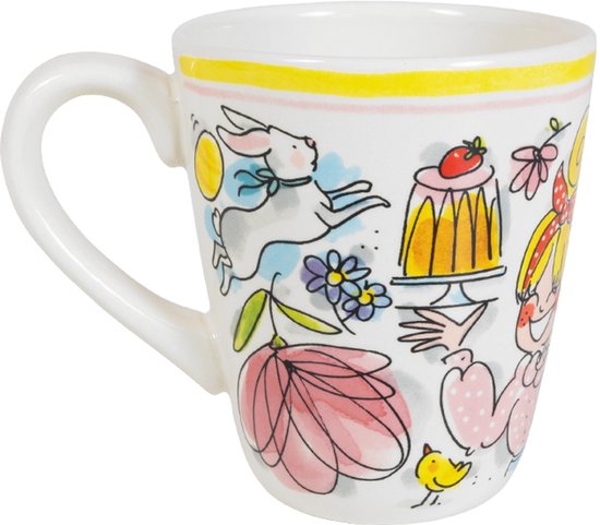Witte mok met paasillustraties van een konijn, gebak, bloemen, een kuiken en een meisje met een mandje.