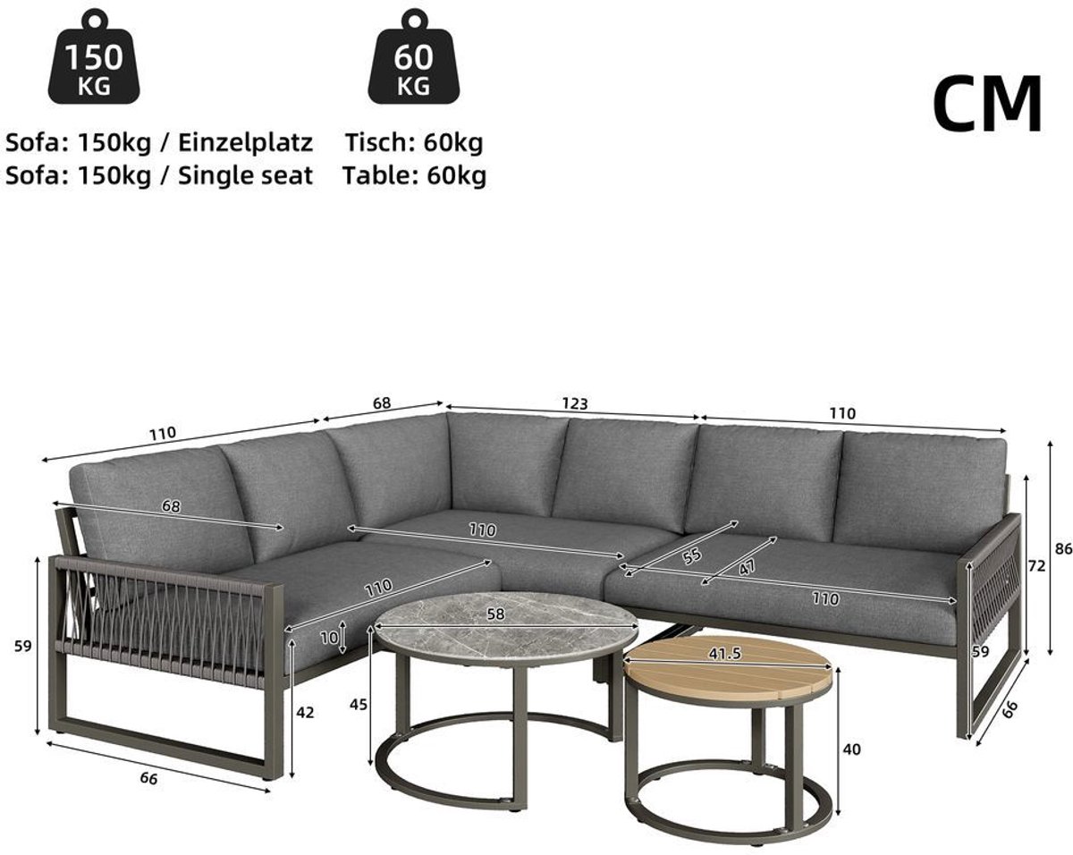 BLACKCOLORS Tuinset, meubelset voor 6-7 personen, hoekbank met gegalvaniseerd ijzeren frame, verstelbare poten, inclusief alle zit- en rugkussens, grijs thumbnail 3