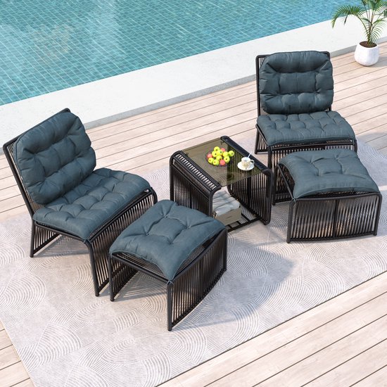 5-delige tuinmeubelset voor buiten - inclusief kussens en glazen tafelblad - balkonmeubel relaxset - voor terras - tuin en balkon