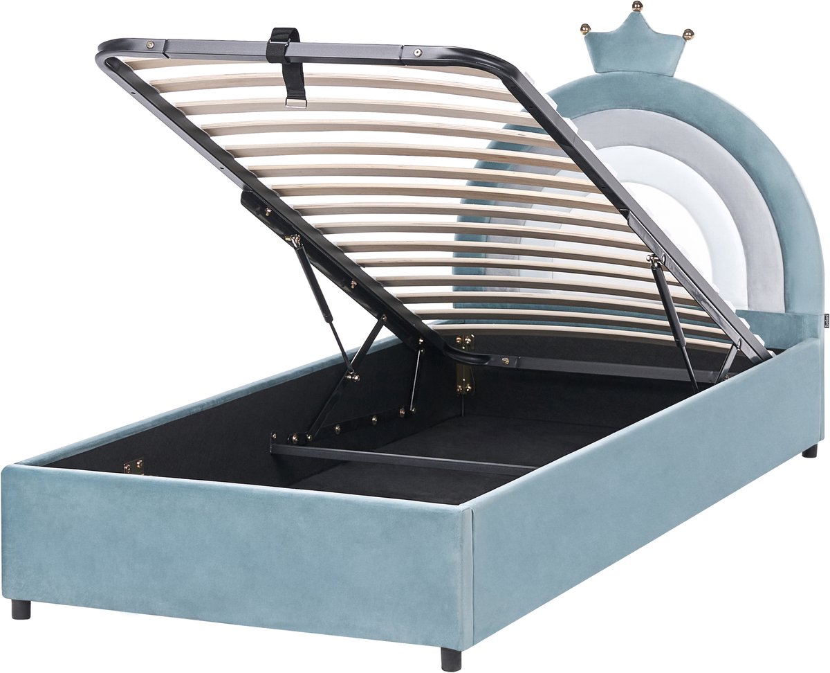 GRISETOT- Bed met opbergruimte - Blauw - 90 x 200 cm - Fluweel