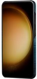 Telefoon in blauw hoesje met grafisch patroon, scherm aan.