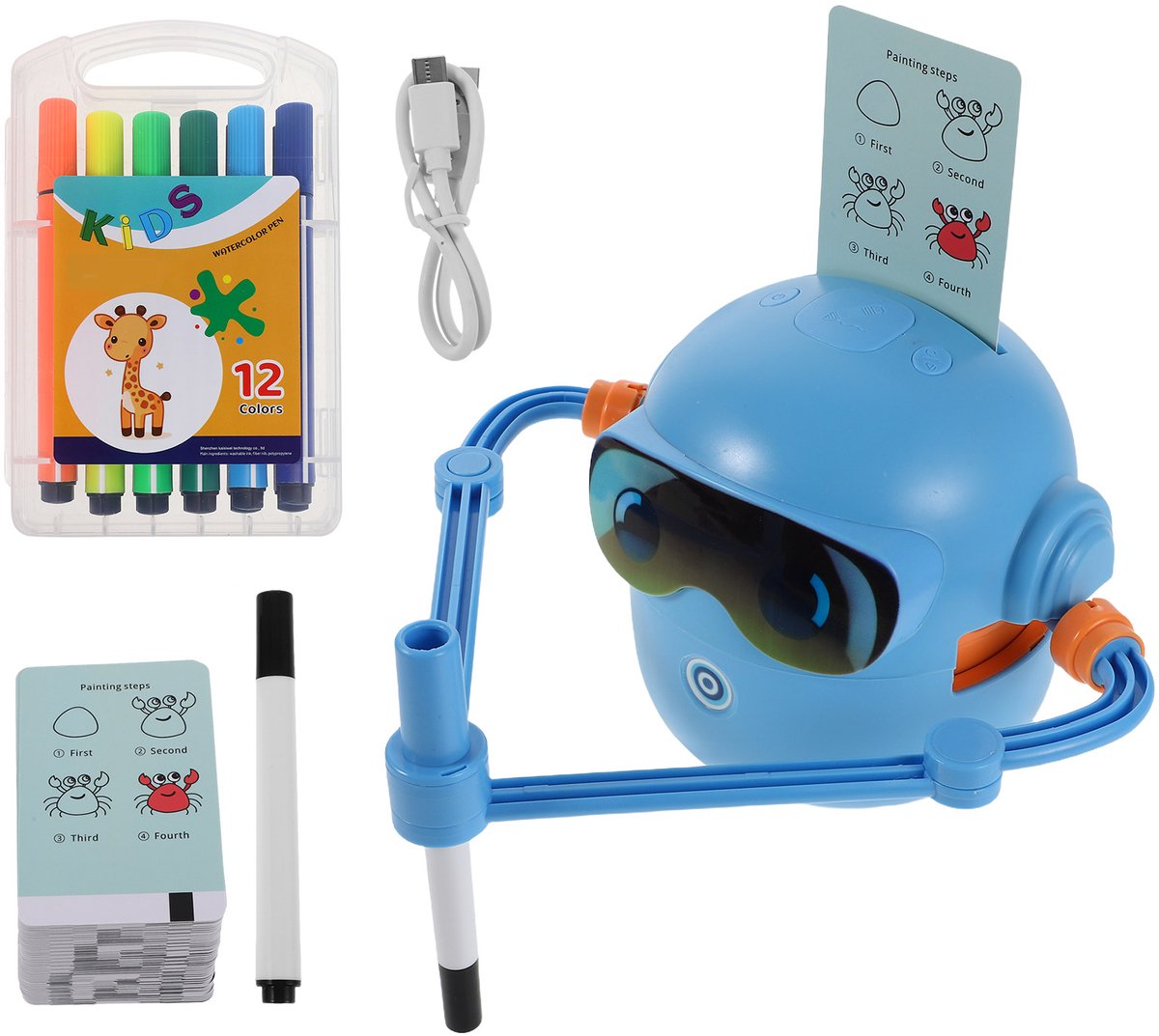 Interactieve Tekendobot voor Kinderen – Montessori Educatief Speelgoed – Slimme Robot met 14 Kleurpennen & 100 Kaarten – Leert Tekenen, Vormen & Cijfers – Blauw