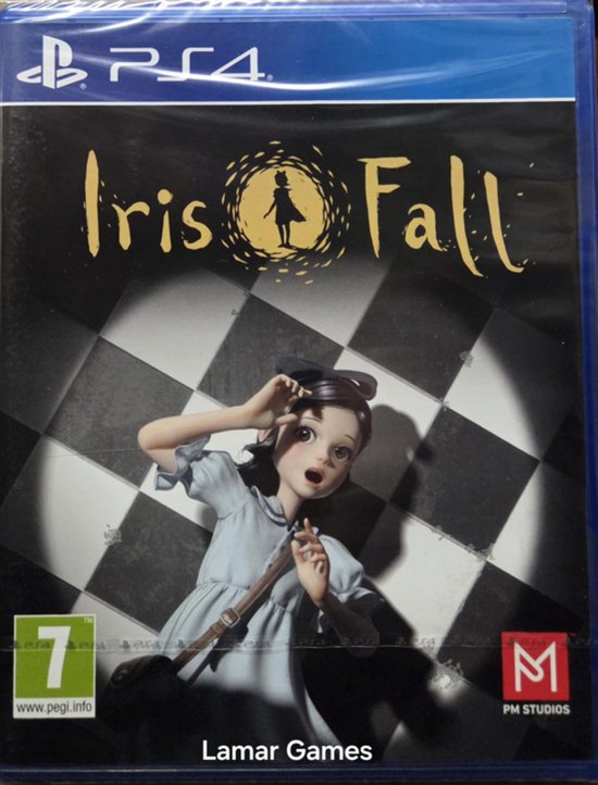 PS4-doos van Iris Fall met een meisje in een lichtblauwe jurk, die zich verstopt.