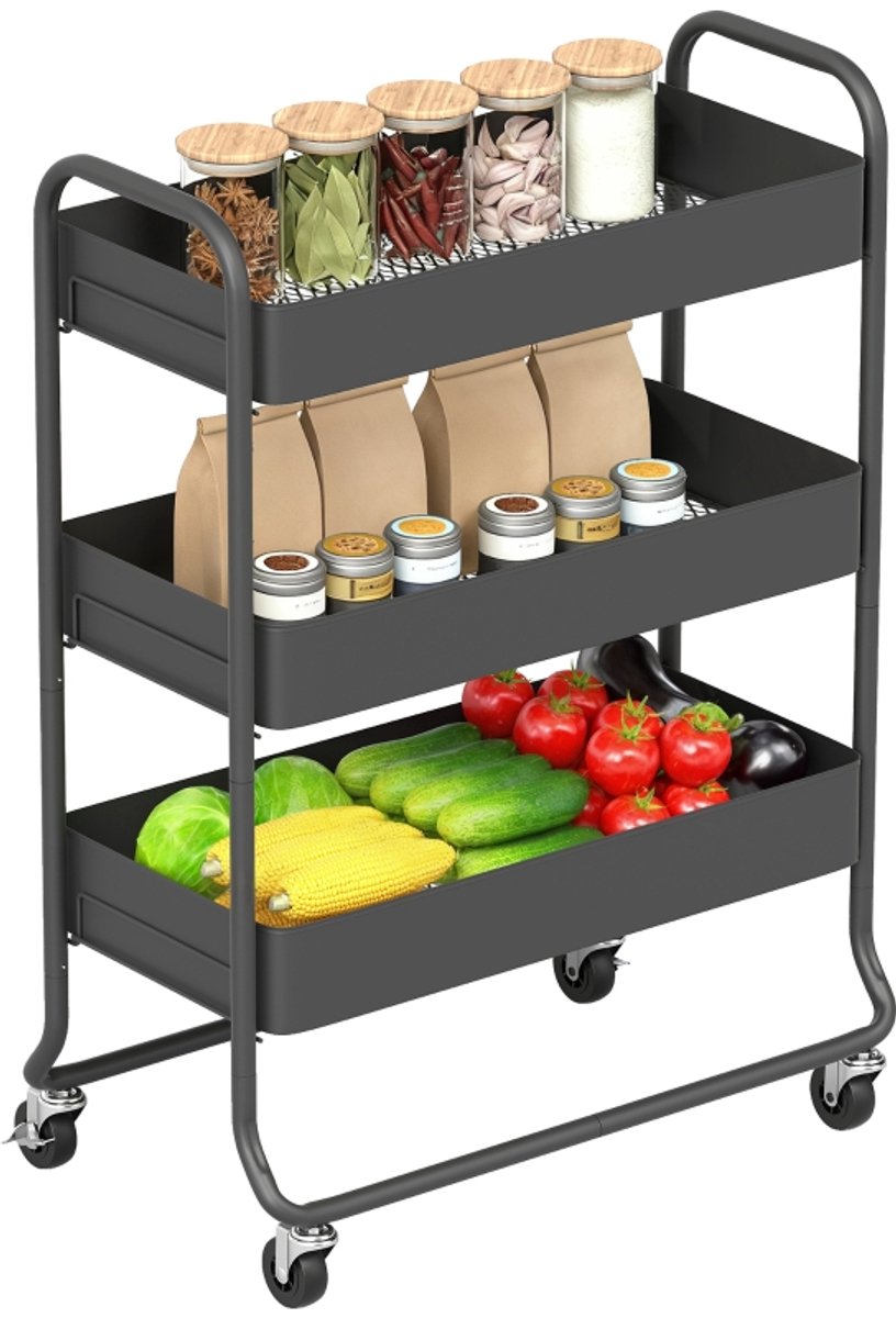 Daity Drielaags opbergtrolley op wielen, een multifunctionele trolley met een netmand, geschikt voor keukens, badkamers en slaapkamers, zwart.