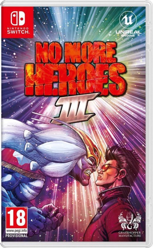 De cover art van het Nintendo Switch spel No More Heroes III, met twee vechtende karakters en de PEGI 18 rating.