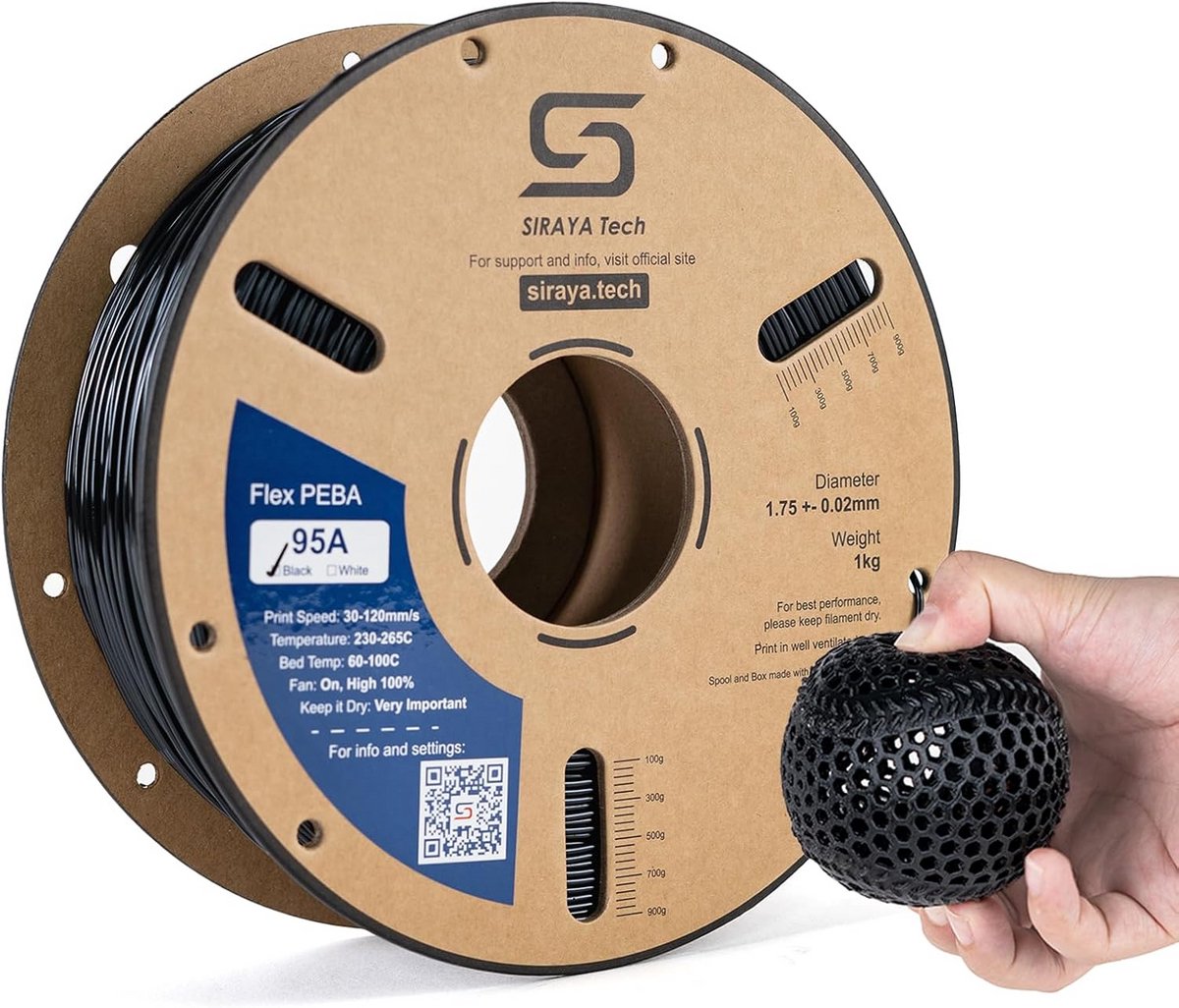 Flexibel 3D Filament - Super TPU - Sport en Robotica - Hoge Energie Terugwinning - 1.75mm 800g - Zwart