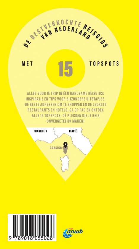 Reisgids 'De bestverkochte van Nederland' met 15 Topspots. Handzame reisgids met inspiratie en tips. Kaart van Frankrijk, Italië en Corsica.