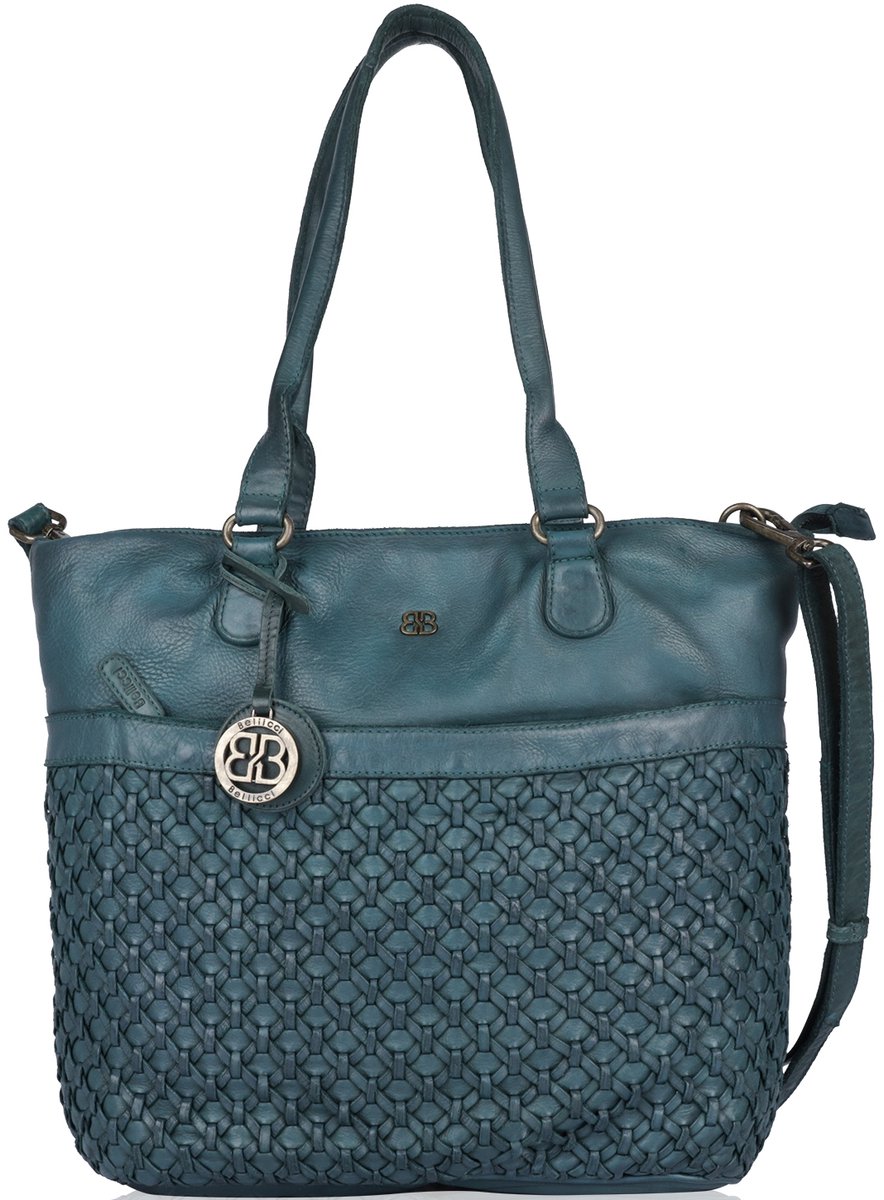 Boutique Trukado - Bellicci Leren Shopper "Paola" met vlechtwerk - petrol - (hxbxd) ca. 36 x 36 x 13 cm