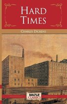 Boekcover van "Hard Times" van Charles Dickens, met een schilderij van industriële gebouwen en een rivier.