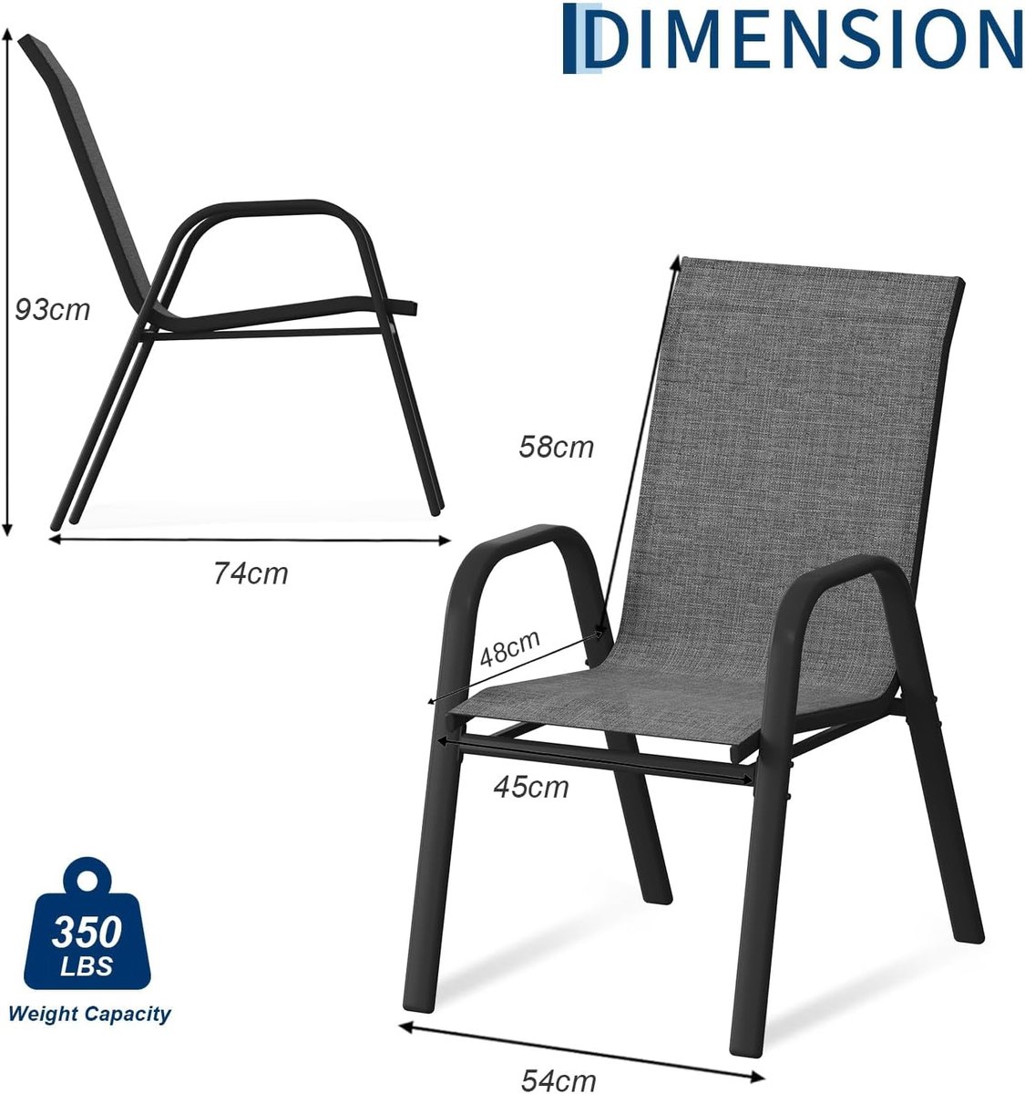 Tuinstoelen Set van 4 - Stapelbaar - Textileen & Metaal - Weerbestendig en Roestvrij - Luxe Buitenstoelen voor Tuin, Balkon & Terras - Grijs – foto 8