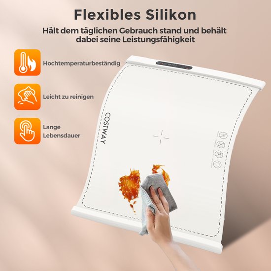COSTWAY Elektrische warmtemat van siliconen voor levensmiddelen, oprolbare warmhoudplaat, voedselwarmer met automatische uitschakeling (3 temperatuurregeling van 60 °C - 100 °C, 1 H-4 uur timer, wit) — afbeelding 2