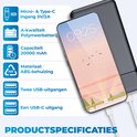 Zwarte powerbank met een smartphone met een zonsondergang behang en product specificaties.