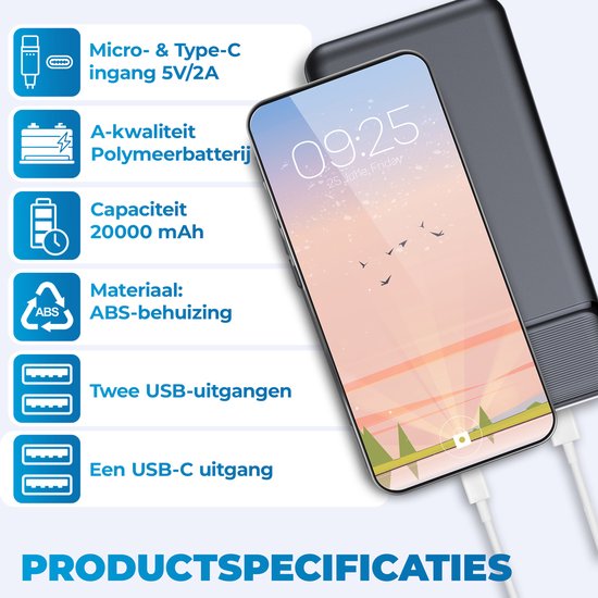 Zwarte powerbank met een smartphone met een zonsondergang behang en product specificaties.