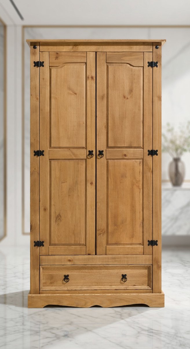 Elegante Massief Grenen Garderobekast 2-Deurs met Lade – Kledingkast en Halkast voor Slaapkamer en Hal – Opbergruimte voor Jassen, Mantels en Accessoires - House&Garden