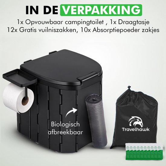 Travelhawk Camping Toilet - Toiletemmer - Draagbaar & Opvouwbaar - Inclusief 12 Biologisch Afbreekbare Zakjes en 10 Absorptie Zakjes - Ideaal voor Kamperen, Festivals & Outdoor van Travelhawk — afbeelding 2