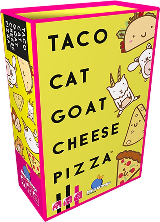 Gele speldoos met de tekst Taco Cat Goat Cheese Pizza, met illustraties van katten, geiten, pizza's en taco's.