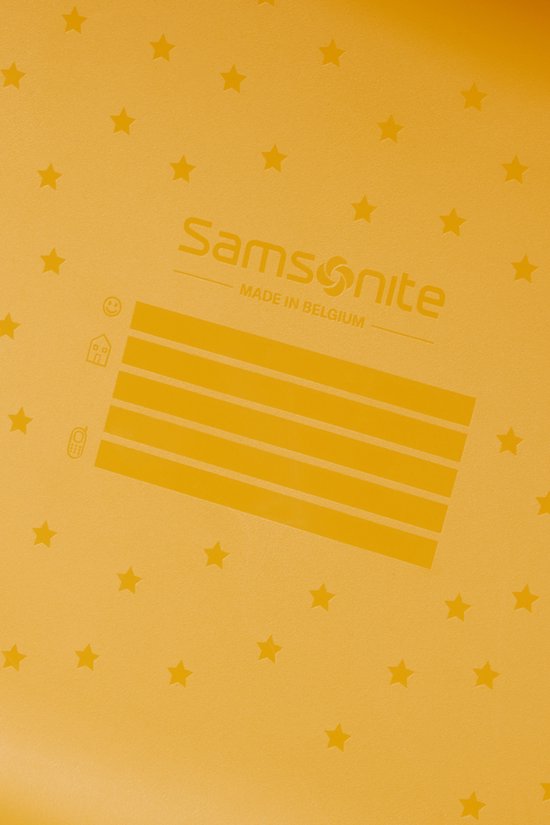 Gele koffer met een patroon van gele sterren en Samsonite-logo.