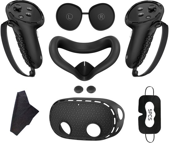 Set van zeven zwarte accessoires voor VR-headset: twee controllers, gezichtsmasker, headsetcover, lenzenhoezen en een doek.