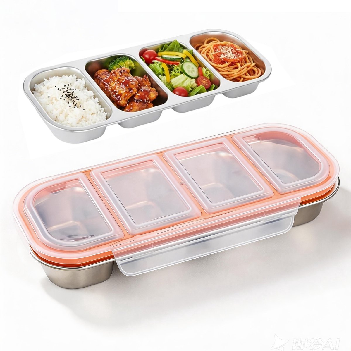 RVS Lunchbox met 4 Vakken - Magnetronbestendige Kinder Bento Box met **Vershoudende** Deksel - School, Dagverblijf, Reis - Luchtdicht - 500ML