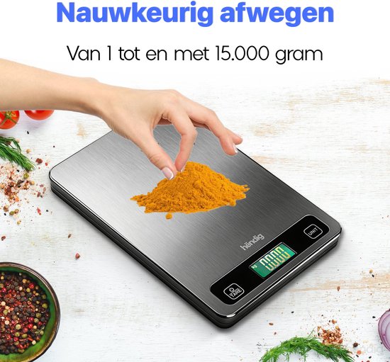 Hëndig Keukenweegschaal Digitaal - Weegschaal Keuken - Precisie Weegschaal - Keuken Weegschaal - Weegschaalkeuken - 1 gram - 15 kg - Tarra functie - Incl. Batterijen