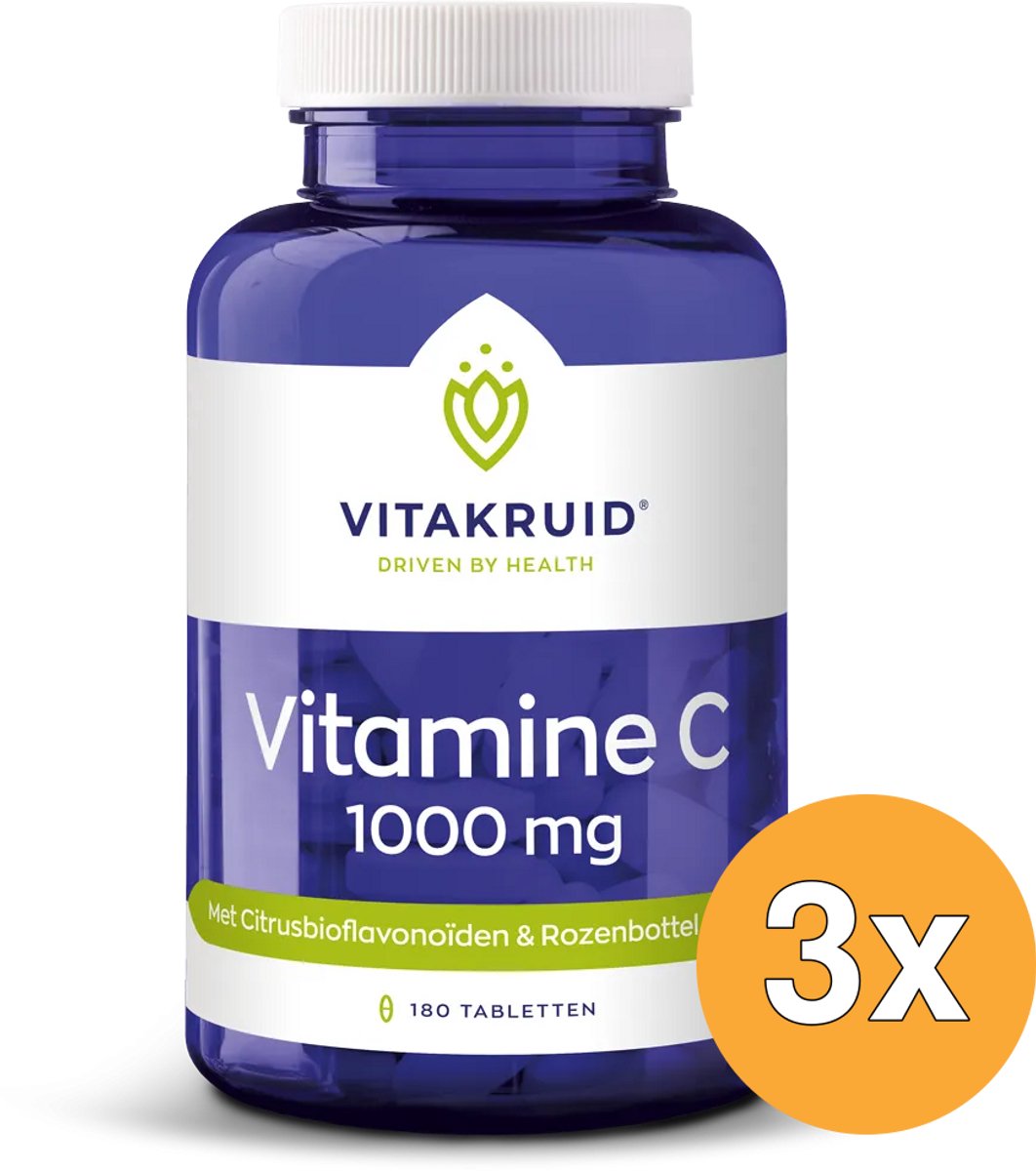 3x Vitakruid Vitamine C 1000 mg met Bioflavonoïden & Rozenbottel (180 tabletten)