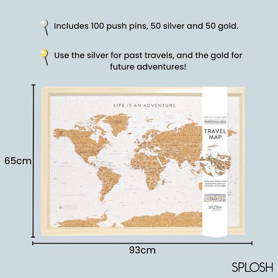 Wereldkaart Prikbord - Reiskaart Prikbord - Reizen Plannen - Met 100 Prikkers - 93.5 x 65.5 cm - Wit