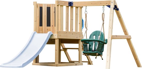 Wit-op-wit weergave van een houten speeltoestel met blauwe glijbaan en groene babyschommel.