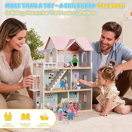 Familie speelt met houten poppenhuis. Ouders en kind spelen met poppenhuis. "Meer dan een speelgoed - een kinderschat".