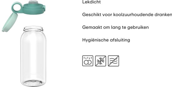 Transparante drinkfles met lichtgroene lekvrije dop, geschikt voor koolzuurhoudende dranken.