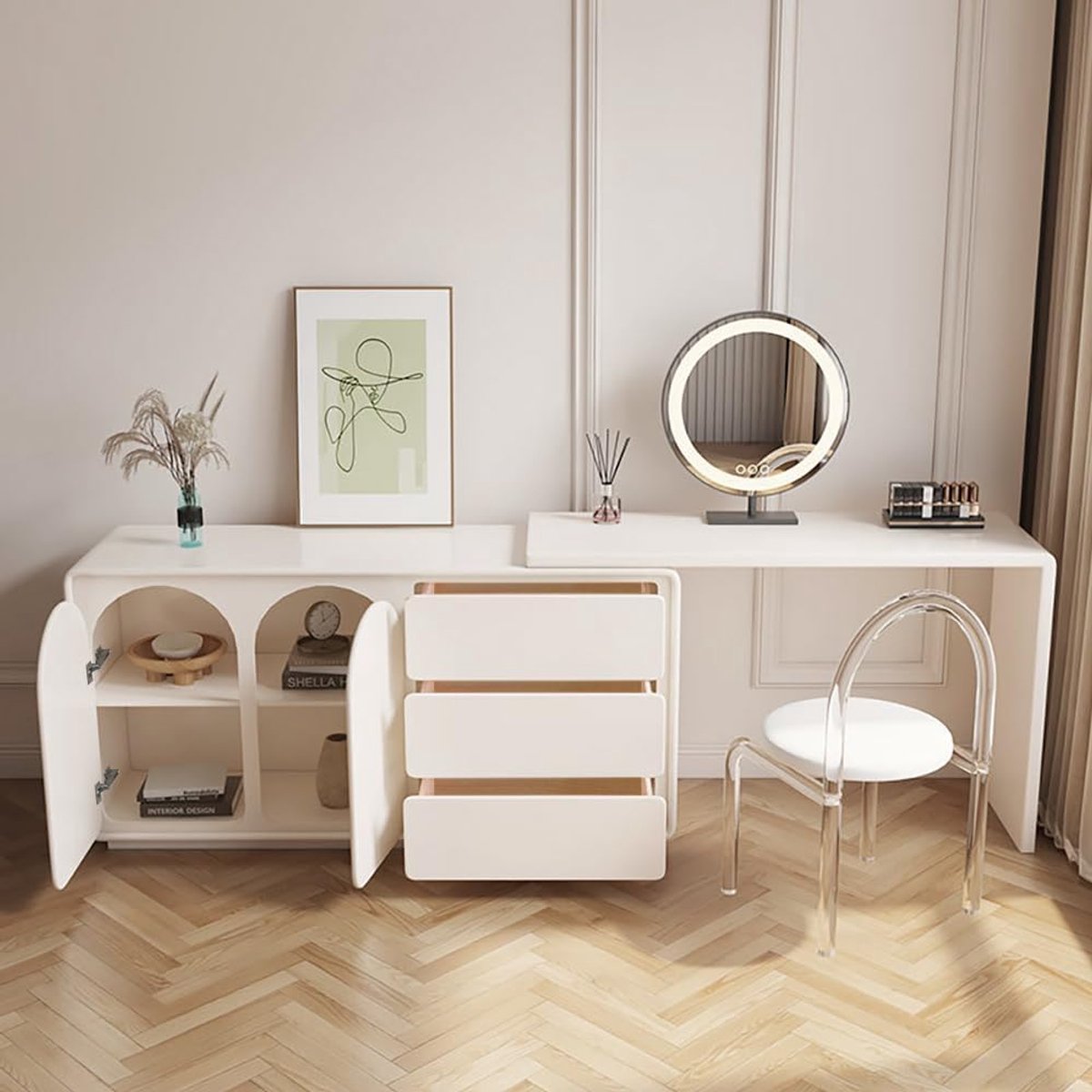 Make-uptafel uitschuifbaar 250 cm met laden en planken – draaibare kaptafel hoekopstelling crème wit 40x250x75 cm modern – Laura