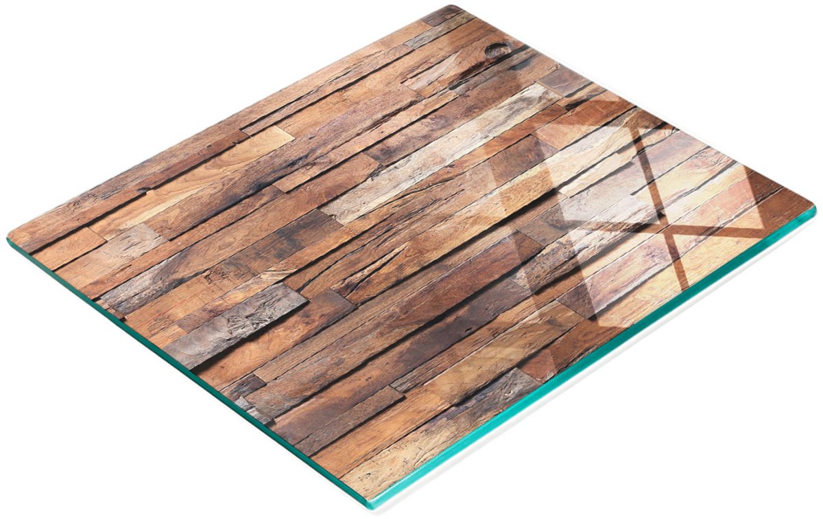 Decoratieve glazen snij- en serveerplank met houten wandbekleding, 60x52 cm